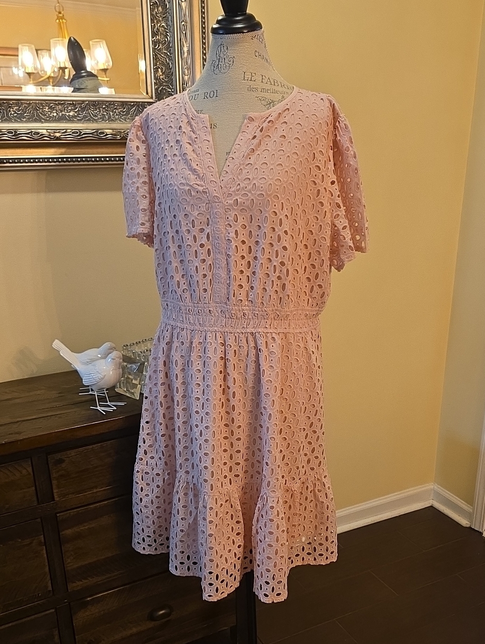 NWT Women's Pink Eyelet Short Sleeve Dress with Ruffle Trim